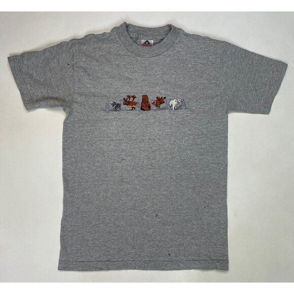VINTAGE Alaska Animals Embroidered T-shirt Women Small Gray 90s - Picture 1 of 7